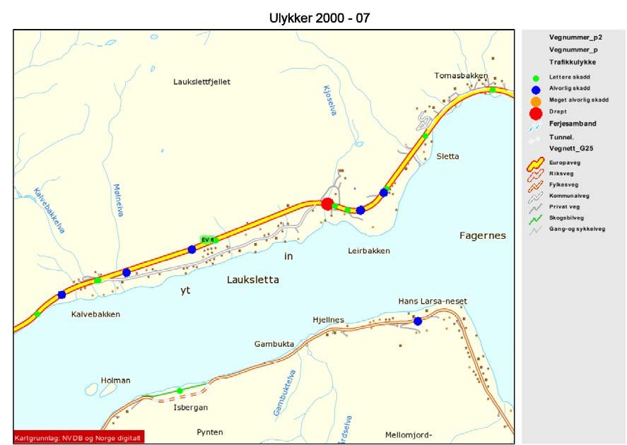 NÆRINGSOMRÅDE VED LEIRBAKKEN, TROMSØ KOMMUNE 7 2.2 Trafikkulykker Det er registrert flere trafikkulykker i området ved Leirbakken i perioden 2000 2007. Registrerte trafikkulykker i årene 2000 2007.