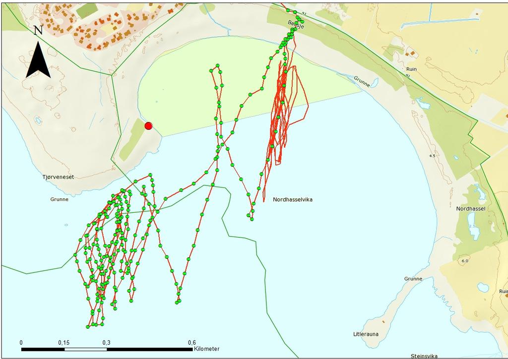 Brettseilingen Brettseileren var ute på sjøen i to perioder; mellom kl. 15.09 og 15.37, samt mellom kl. 15.45 og 16.09. I første periode sløyfet han ca.