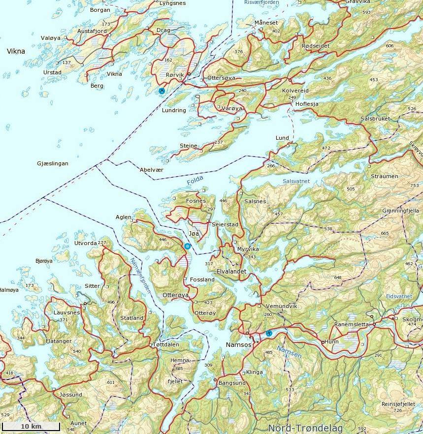Figur 4.22.3. Posisjonen til Rørvik Lufthavn værstasjon (markert med ) i forhold til strømmålernes posisjon (markert med ).