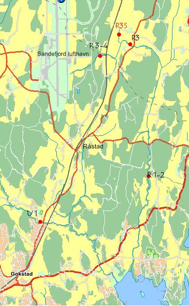 Oversiktskart over plassering av stasjoner (røde punkter) i Rovebekken og Unnebergbekken. Kilde: Kart på nett gulesider.no. Nærmere detaljkart om stasjonene i Rovebekken kan sees i rapporten fra 25.