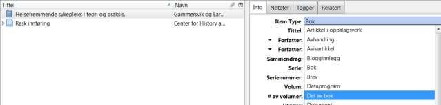 Det gjør jeg ved hjelp av ISBN-nummeret. Når jeg har importert boken, velger jeg å endre informasjon om denne. Jeg klikker der det står bok og endrer til «del av bok».