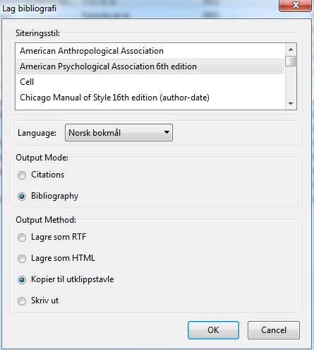Så høyreklikker du med musen og da kommer det opp en rute der du klikker på «Lag bibliografi fra valgte elementer». 2 1 Så skal du velge stil. På VID vitenskapelige høgskole bruker vi APA 6th.