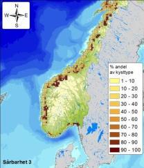 Figur F-46 Andel (%) av strandtype med sårbarhet 1, 2 eller 3 (3 indikerer høyest sårbarhet, og 1 indikerer lavest sårbarhet) per 10 10 km rute langs kysten av Norge.