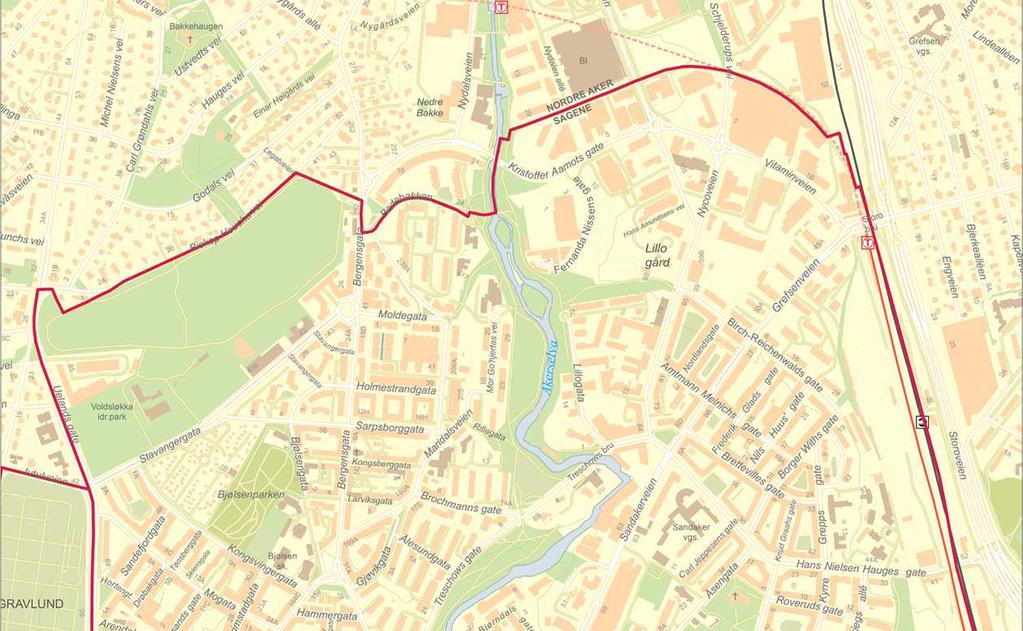 Markert område viser bydelen innenfor Ring 2.