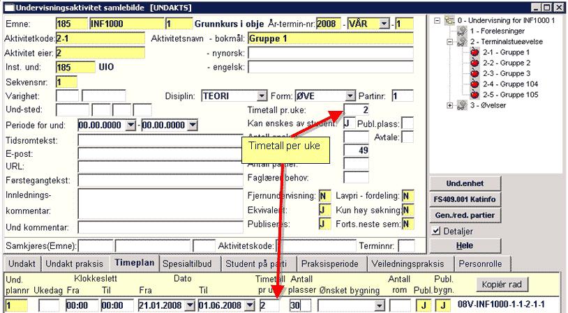 Periode for undervisning Periode for undervisning må det legges inn på hver timeplanforekomst. Denne kan også settes i TP, for mange forekomster av gangen.