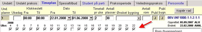 Hakene viser at det skal være undervisning i de gitte ukene.