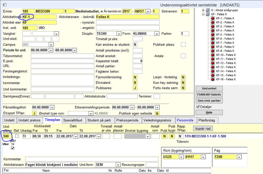 Timen opprettes med detaljer for navn, tid og eventuelt fag i skyggestrukturen gruppe KF-1: Aktivitetskode og undervisningsplannummer er ringet rundt da der de som skal fylles inn når man peker til