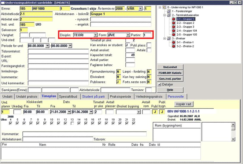 Undervisningsform og rom Form angir om undervisningsaktiviteteten er gruppeundervisning, forelesning, lab.undervisning, praksis etc.