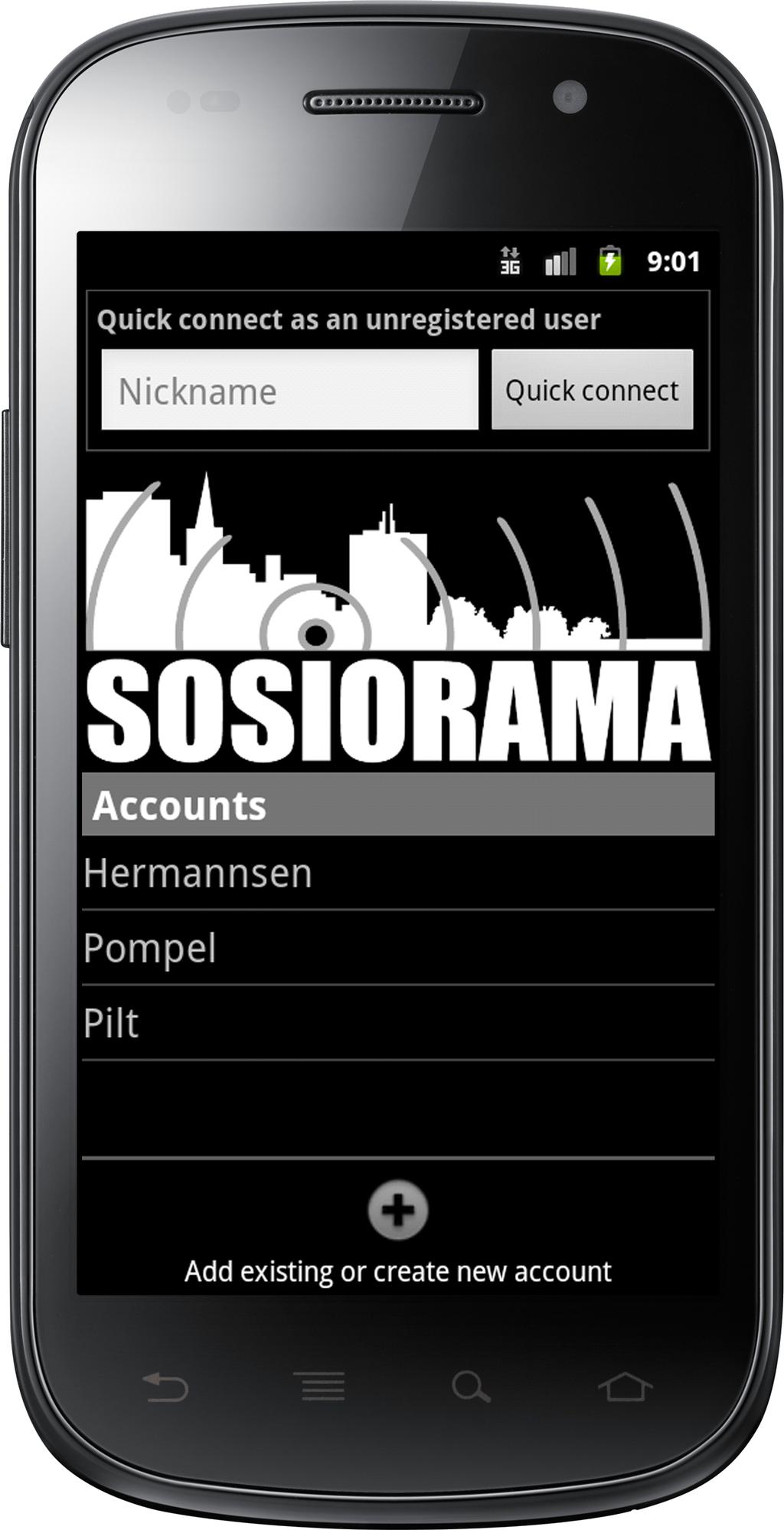 Sosiorama: Brukerdokumentasjon 4. Slik bruker du Sosiorama 4.1 Komme i gang Åpningsskjermen I Nickname- feltet kan du velge å skrive inn et uregistrert nick.