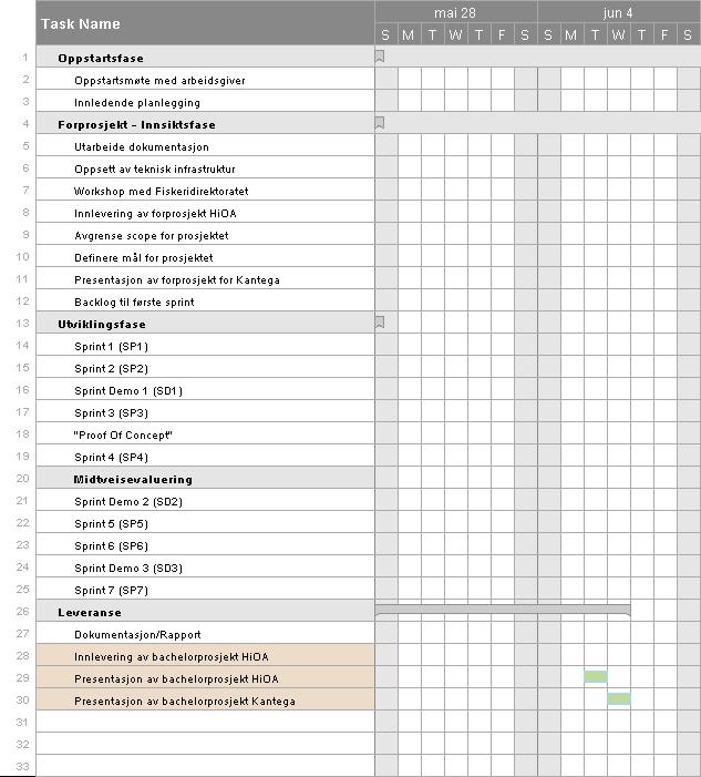 Figur 8 Fremdriftsplan for juni Oppsummering Det er utvilsomt et ambisiøst prosjekt vi har forpliktet oss til, men vi har blitt svært godt mottatt hos Kantega og har tilgang på gode ressurser i