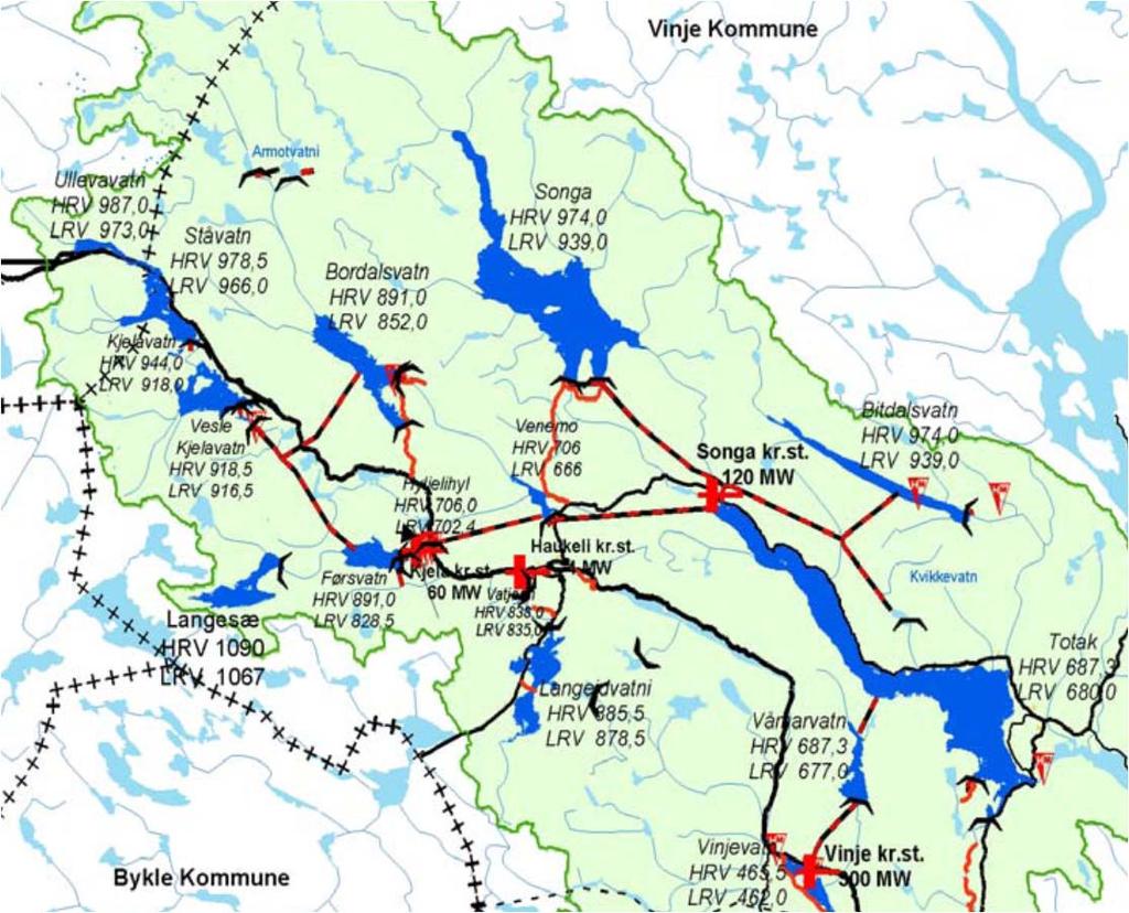 Ulevåvatn HRV 978,5 LRV 973, Figur 1. Oversiktskart over Tokke-Vinje reguleringen (Statkraft 25). 2. Områdebeskrivelse Bordalsvatn, 891 m o.h.