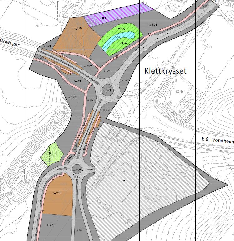 Innfartsparkering Grøntområde Ny adkomst til innfartsparkering Skisse til ny reguleringsplan for området Klett (sidearealene til det nye Klettkrysset) Kontrollstasjon Ny adkomst