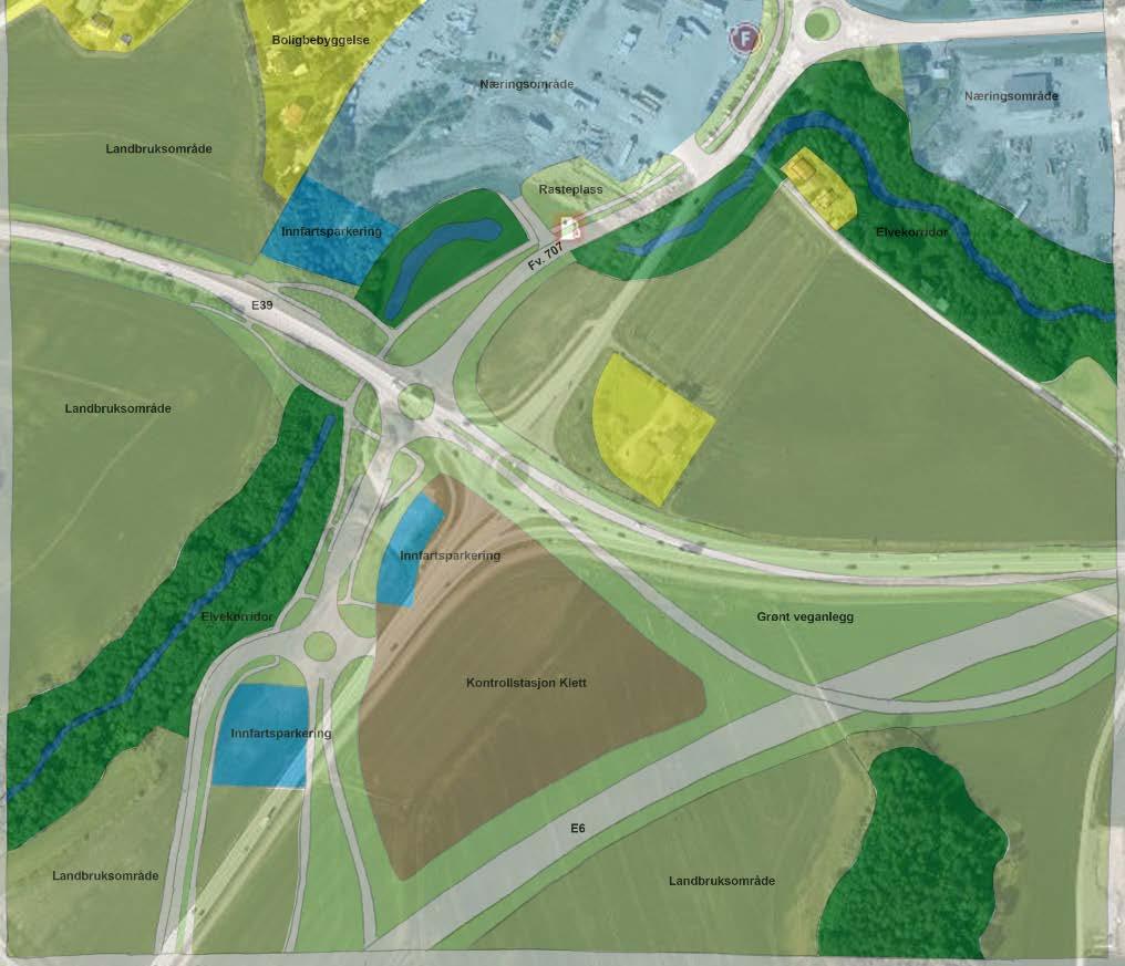 Skisse som viser aktuelle arealformål ved skisse til reguleringsplan for området Klett (sidearealene til det nye Klettkrysset)