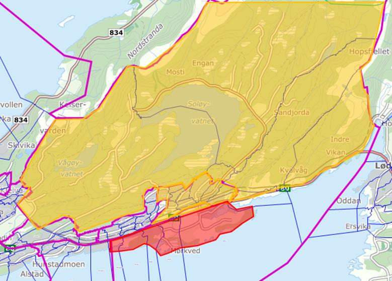 Nytt inntaksområde Mørkvedmarka og Støver/ny skole Mørkvedbukta. Forslag til nytt delingsområde mellom Mørkvdemarka (oransje) og Støver/Mørkvedbukta (rødt).