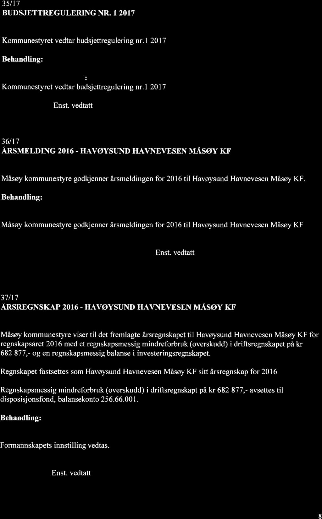 35117 BIIDSJETTREGULERING I[R. I 2OI7 Rådmannens innstilline: Kommunestyret vedtar budsjettregulering nr.l 2017 Kommunestyret vedtar budsj ettregulering nr.