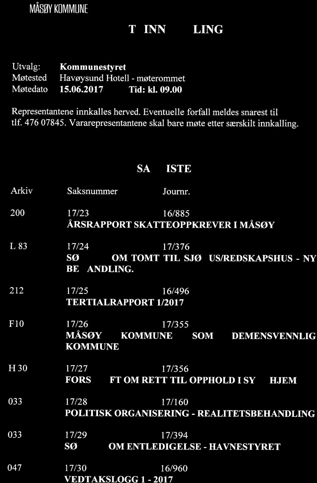V MASøYKOvrHllrlNE Ù{ØTF,INNKALLING Utvalg: Møtested Møtedato Kommunestyret Havøysund Hotell - møterommet 15.06.2017 Tid: k.09.00 Representantene innkalles herved.