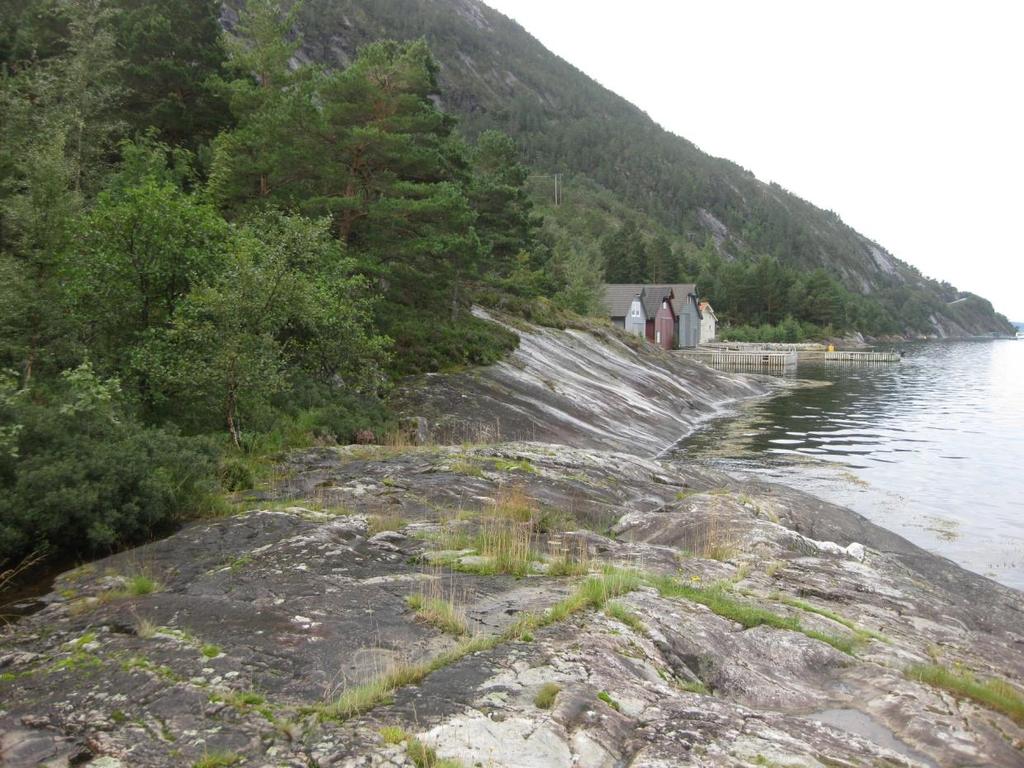 Figur 7. Svaberg langs strandsona i planområdet. Kulturminneverdiar Det er ikkje registrert automatisk freda kulturminne eller andre verneverdige kulturminne i planområdet på www.kulturminnesok.no. Under synfaring i området har plankonsulentane ikkje gjort oppdagingar av gjenstandar eller anna som kan vere av interesser for kulturminnemyndigheitene.