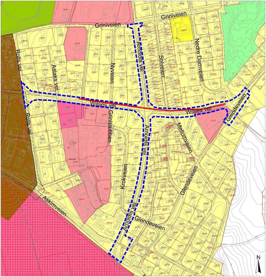 Ill. 3: Kart som viser planområdets avgrensning i forhold til kommunedelplanformålene i Spydeberg kommune. Rød linje viser at det ligger overordnede føringer for GS-traseen i Wilses vei.