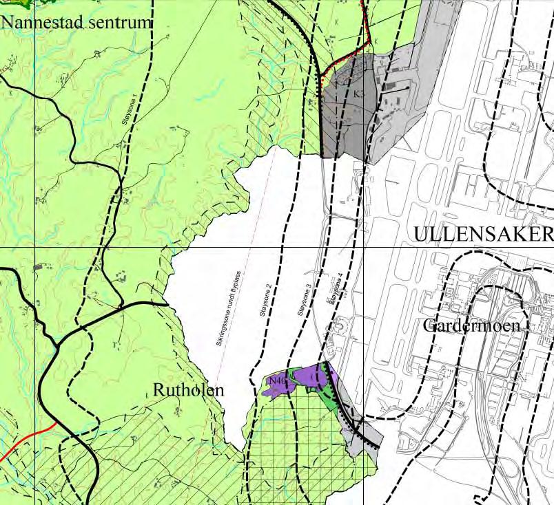 2.3.3 Kommuneplan for Nannestad 2010-2025 Arealdelen av kommuneplanen for Nannestad ble vedtatt 26.5.2010. Utsnitt av plankartet er vist i figur 2.2. Plankartet viser K3, området mellom riksvei 35 og Gardermoveien, (tidligere K1 og K2 med utvidelse): Det tillates rullebane-tilknyttet virksomhet for flyplassen, eks.