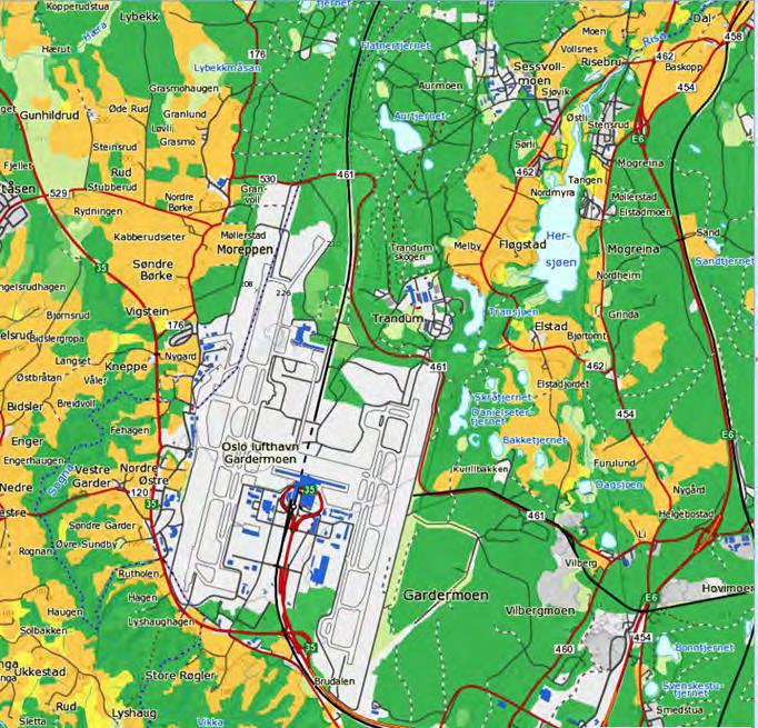 6.5.6 Jord- og skogressurser Arealene rundt Gardermoen er generelt av høy kvalitet med potensiale for høy avkastning både for jord- og skogbruksproduksjon.