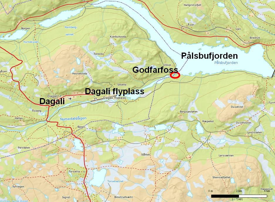 Figur 1-2. Kart over Dagali og plassering av Godfarfoss. Tiltaksområdet er merket med rød sirkel. Kart: GISlink.no. 1.4 Dagens situasjon i planområdet Vassdraget er vernet ned til Nedre Svangtjønn.