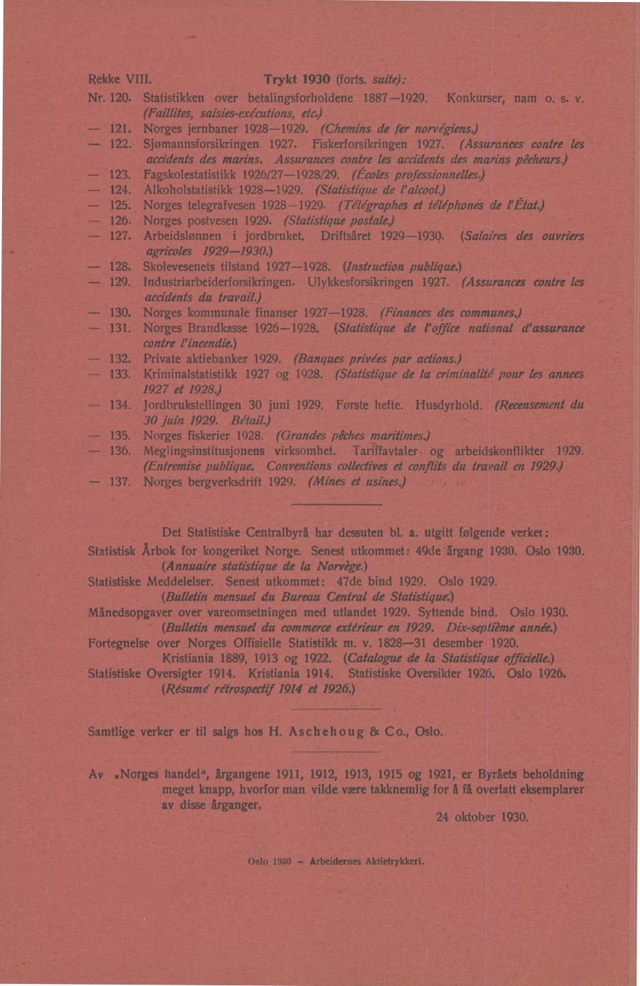 Trykt 1930 (forts. suite): Rekke VIII. Nr. 120. Statistikken over betalingsforholdene 1887-1929. - - Konkurser, nam o. s. v. (Faillites, saisies-exécutions, etc.) 121. Norges jernbaner 1928-1929.