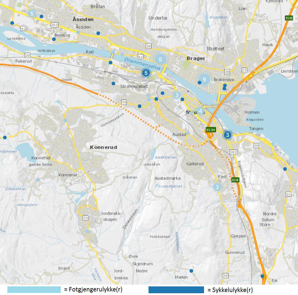 Figur : Oversikt over trafikkulykkenes skadested (tallene i sirkler er antall ulykker ) (Vegdirektoratet). 5.