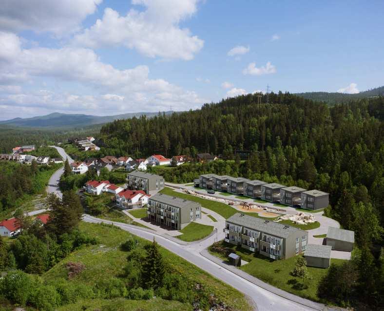 Illustrasjon Rolig område nær Notodden sentrum På Eikeskar bor du tett på både natur og servicetilbud. Et par kilometer fra Notodden sentrum, finner du boligområdet Eikeskartunet.