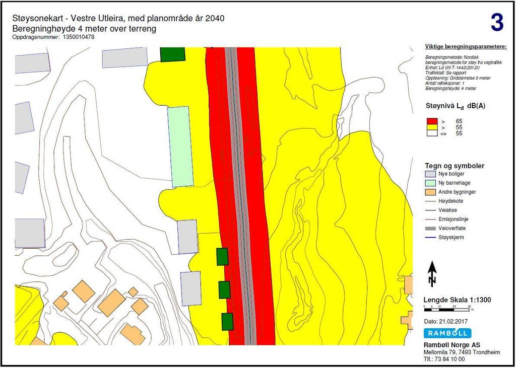 12 (15) STØYUTREDNING 5.2 Med planområde år 2040 - barnehage Figur 7 og 8 viser støysonekart ved planlagt plassering av barnehage. Støysonekartet i figur 7 har beregningshøyde 4 meter over terreng.