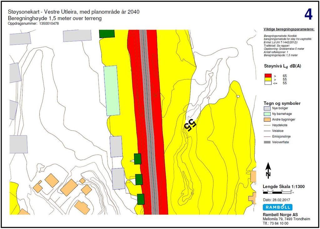 STØYUTREDNING 13 Figur 8 Støysonekart for vegtrafikkstøy iht. T-1442, skjermingstiltak år 2040, 1,5 meter over terreng.