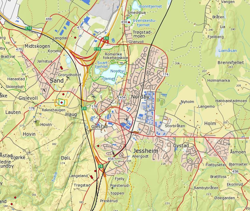 N Figur 2. Dammer nær planområdet. Røde punkter viser dammer med funn av amfibier i landskapet rundt Jessheim (www.artdatabanken.artskart.no). Rød sirkel viser planområdet.