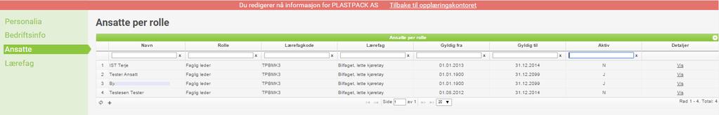 Ved å klikke på Vis i kolonnen detaljer kommer du til Bedriftsinfo for valgt