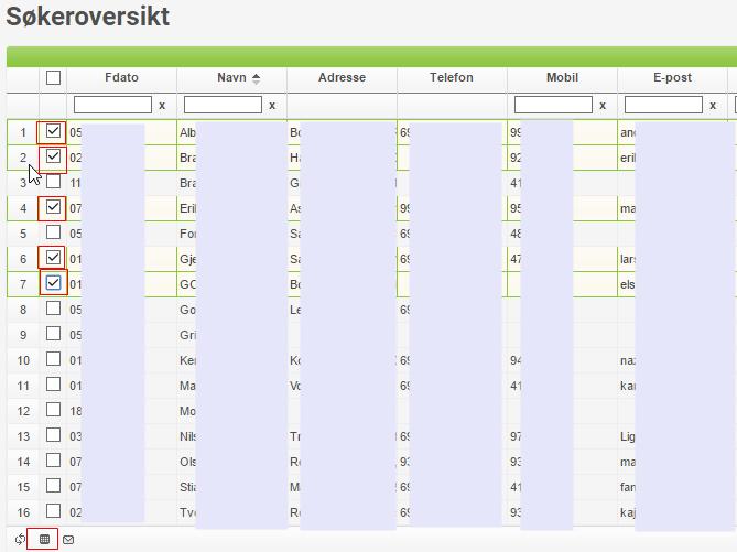 Vis/skriv ut karakterer for valgte søkere Marker søkerne det er ønsklig å vise/skrive ut karakterer for ved å hake av i rubrikken i kolonnen til venstre for f.dato.