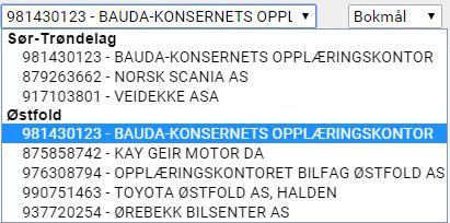 I den venstre nedtrekksmenyen listes de fylker/bedrifter (opplæringskontor) du har tilgang til, dvs.