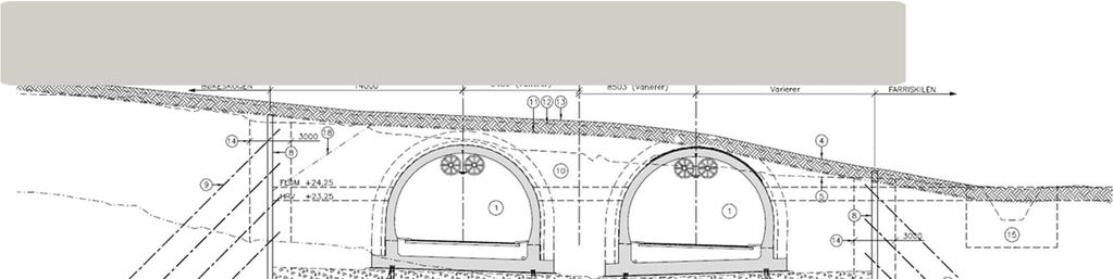 BØKESKOGEN - LØSMASSETUNNEL 03 01 04 02 03 LØSMASSETUNNEL 01 Vanntett støp 02 Fundamentert på stålkjernepeler 03 Spuntkonstruksjon på sidene 04 VA grøft