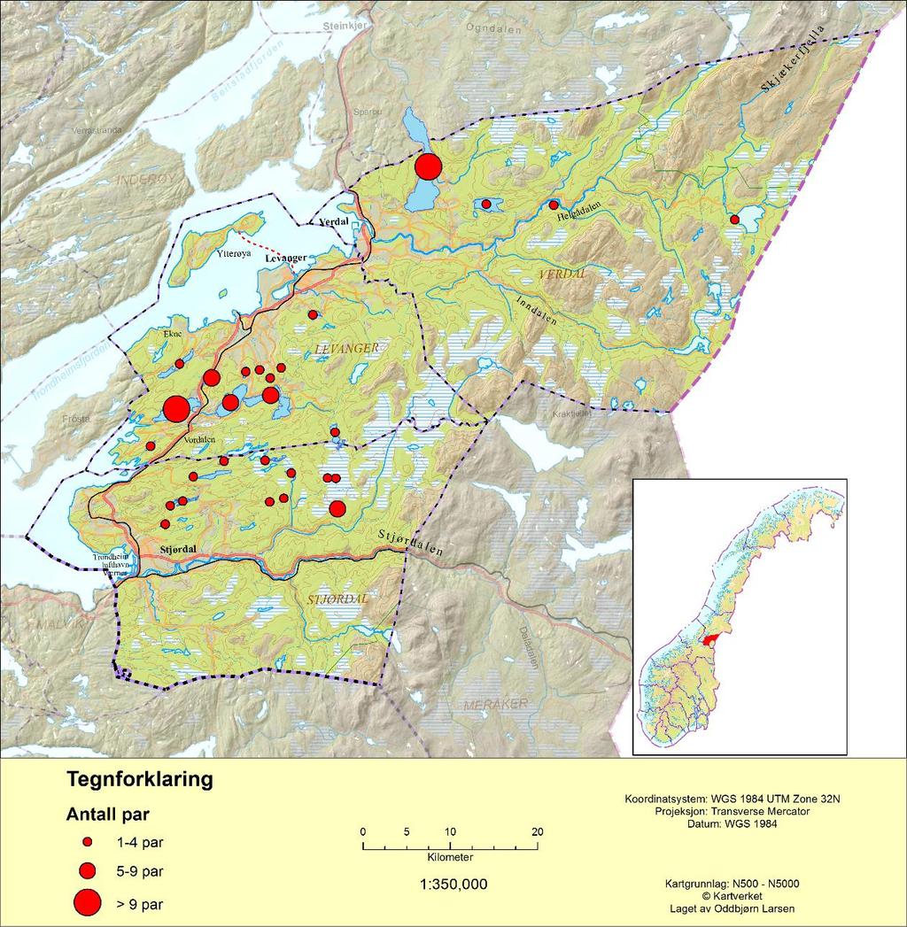 Figur 3. I de tre årene (2007, 2010 og 2016) hvor det er gjennomført bestandstellinger innenfor overvåkingsområdet i Nord-Trøndelag er det registrert fra 87 til 95 par horndykker.
