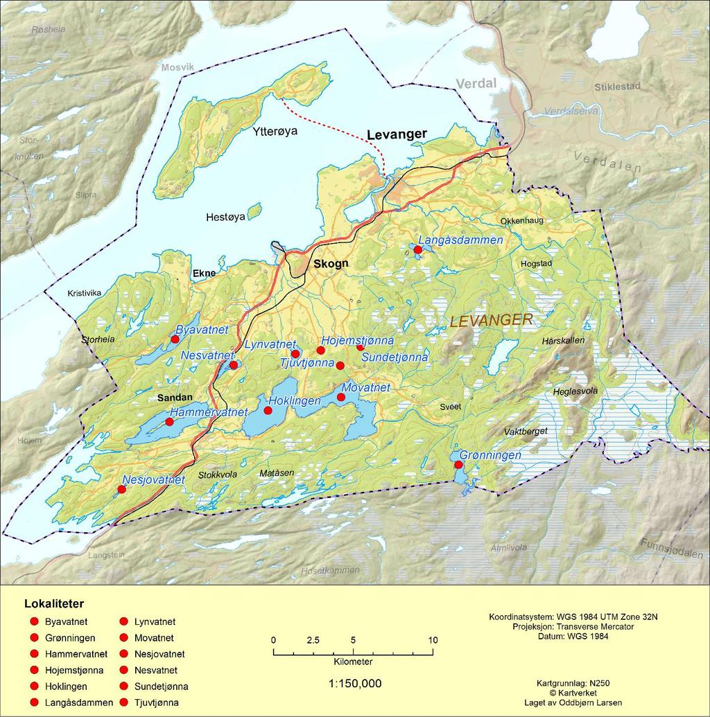 Figur 5. Det er registrert horndykker på tilsammen 12 lokaliteter i Levanger.