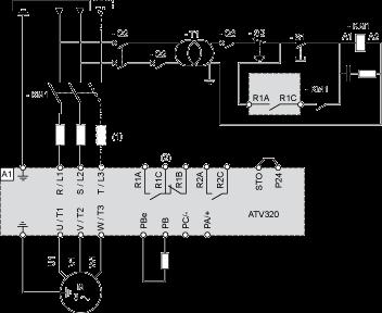 (1) Line choke (if used) (2) Fault relay contacts, for remote signaling of drive