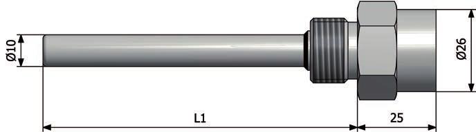 BESTILLINGSKODE W-MF Beskyttelseslomme med utvendig og innvendig gjenger Diameter - D 10 10 mm For 6,0 mm normert måleinnsats Andre på forespørsel Lengde - L1 L1 Spesifiseres (mm) Innfesting 2R 1/2 R