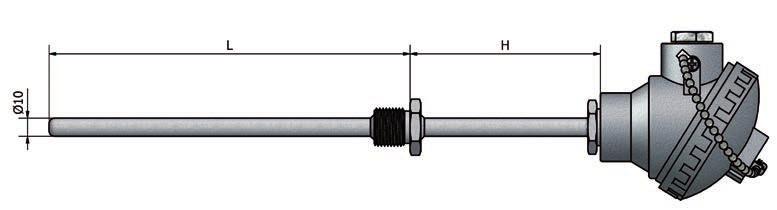 BESTILLINGSKODE W-GC Beskyttelseslomme med hals og koblingshode Diameter - D 10 10 mm For 6,0 mm normert måleinnsats Andre på forespørsel Lengde - L1 L1 Spesifiseres (mm) For måleinnsats L1+H+30mm