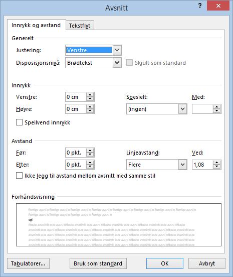 21. Hent opp «Hjem»-menyen og gå til menyfeltet «Avsnitt». Klikk på den vesle pila nede i høgre hjørnet på feltet. Da får du fram dialogboksen «Avsnitt» med mange innstillingsvalg.