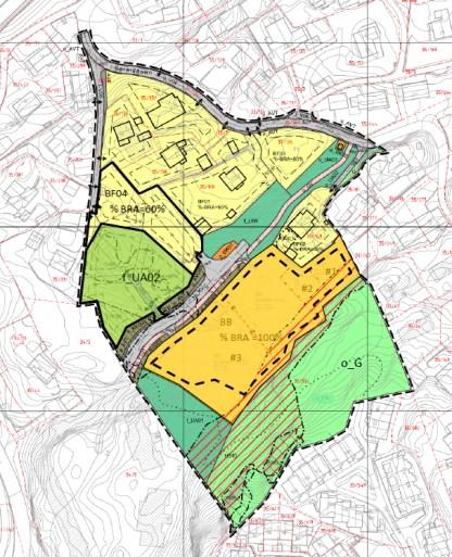 b) BB og BK foreslås som ett felt og får betegnelsen BB. Endelig utforming av området, planeringshøyde av terreng og byggehøyder tas stilling til ved behandling av byggesaken innenfor en %BRA på 100%.