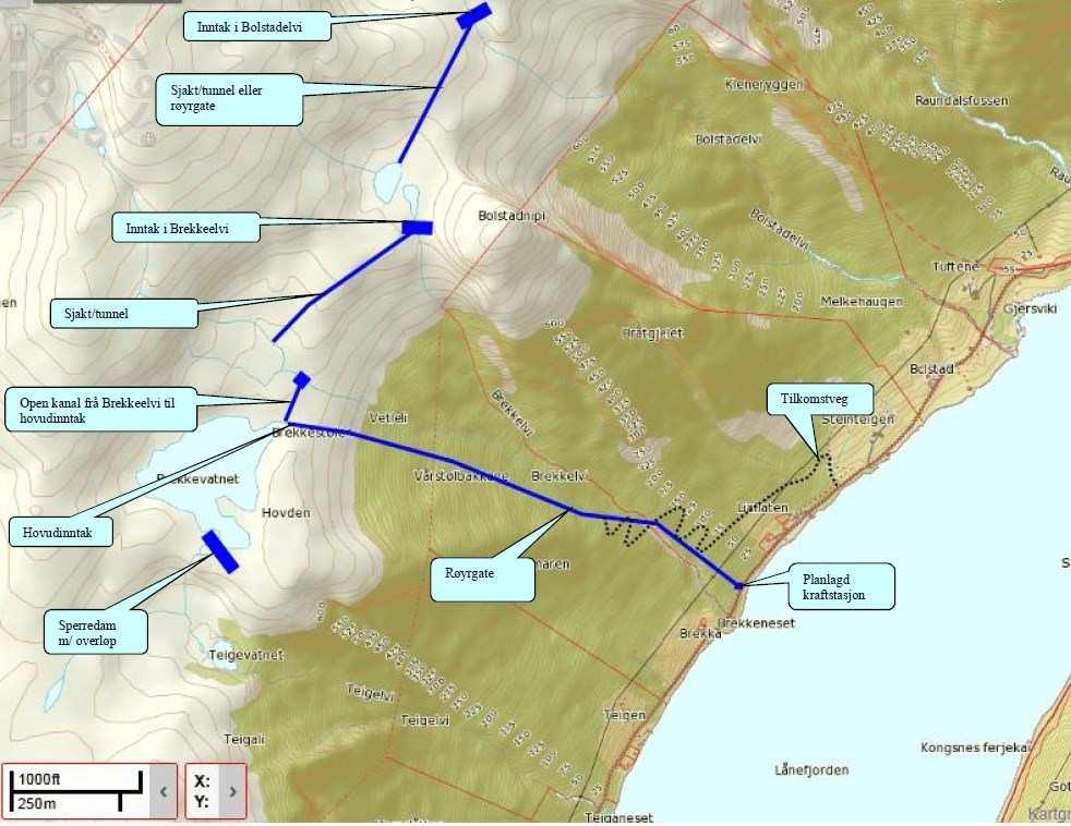 to løp i Brekkelvi til Brekkevatnet. Over Bolstadelvi skal det byggast ein ca. to meter høg og ca.