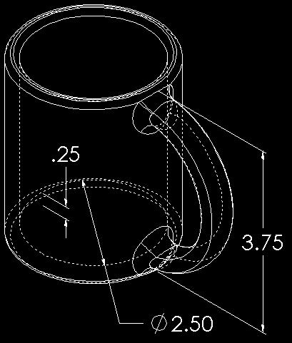 Mer kompleks design - en pendlers sølesikre reisekrus Gitt: Innvendig diameter = 2,50 tommer Totalhøyde på kruset = 3,75 tommer Tykkelsen på bunnen = 0,25