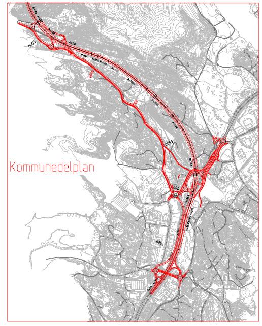 Ev 39 Midtbygda - Nordhordlandsbrua Kommuneplanløsningen, alt D Planlagt med 4 felts hovedveg og 2 tunneltuber.