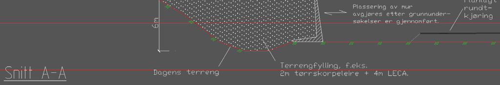 Fig. 3: Snitt A A, støyvoll langs E6 Alternative B krever en 6 m høy fylling på eksisterende terreng. Grunnen i dette området antas å være likt som beskrevet over.