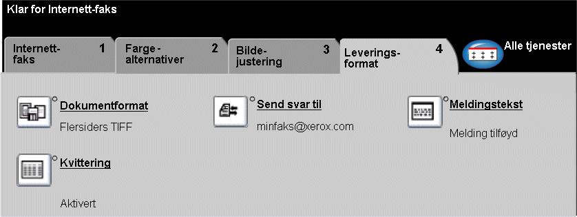 Leveringsformat Internett-faks Bruk denne funksjonen for midlertidig å endre innstillingene som er nødvendige for det skannede bildet. Berør en av de øverste knappene for å velge en funksjon.