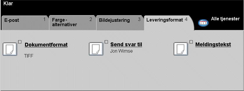 Sende e-post Leveringsformat Bruk denne funksjonen for å endre adressen i Send svar til-feltet og identifisere filformatet som kreves for bildet som er skannet til e-post.