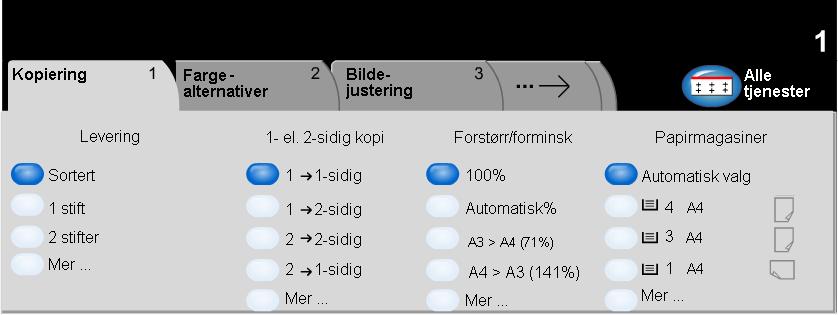 Vanlig kopiering Kopiere Kategorien Kopiering er standardvinduet for kopiering. Bruk denne kategorien når du skal velge standardfunksjonene for en kopijobb.