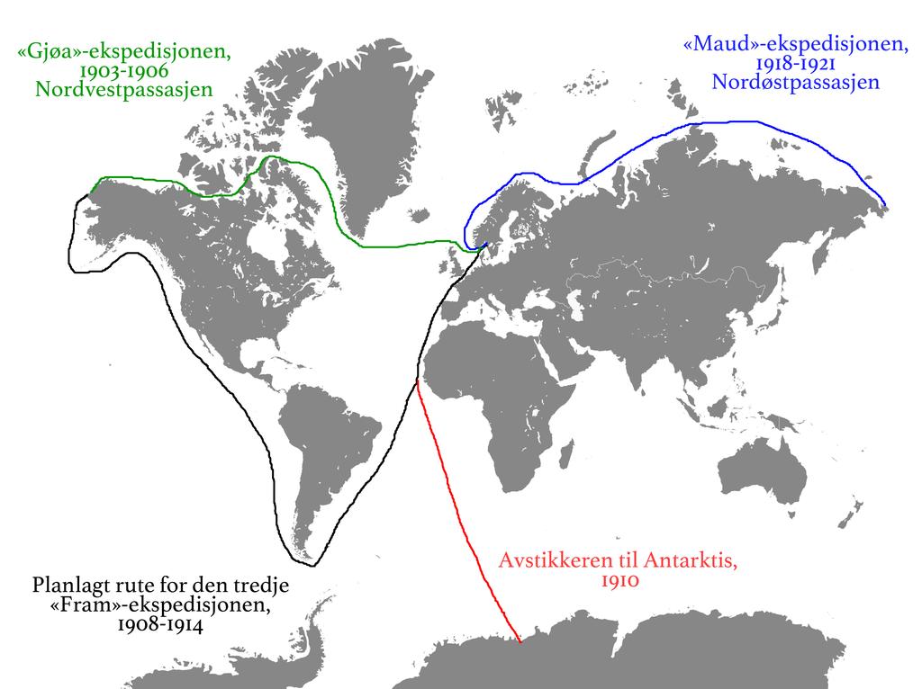 Kart over ekspedisjonsrutene Illustrerende kart over Roald Amundsens